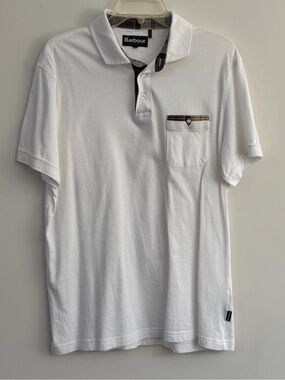Barbour mens Corpatch polo shirt White size XL short sleeve tartan trim pocket